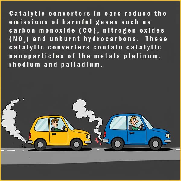 Catalytic converters reduce the emissions of harmful gases such as carbon monoxide, nitrogen oxides and unburnt hydrocarbons.